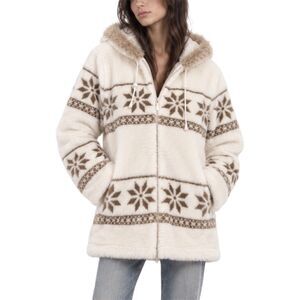 M-XL Woman Within Ivory Faux Fur Snowflake Fair Isle Hooded Coat Russian Winter